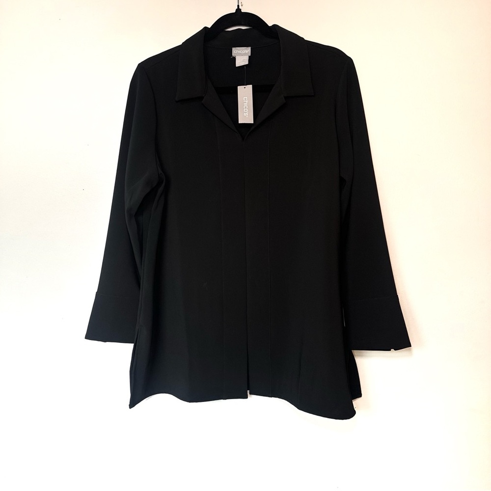 NWT Chico's 1P size 8/10P Black Chain Trim Tunic Fashion Collared Blouse $99